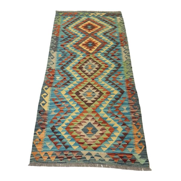 200 x 87cm Blue Geometric Design Hand Woven Afghan Kilim Chobi Runner Rug