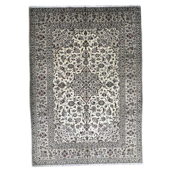 290cm x 198cm Hand-Knotted Persian Floral Cream Kashan – Wool Rug