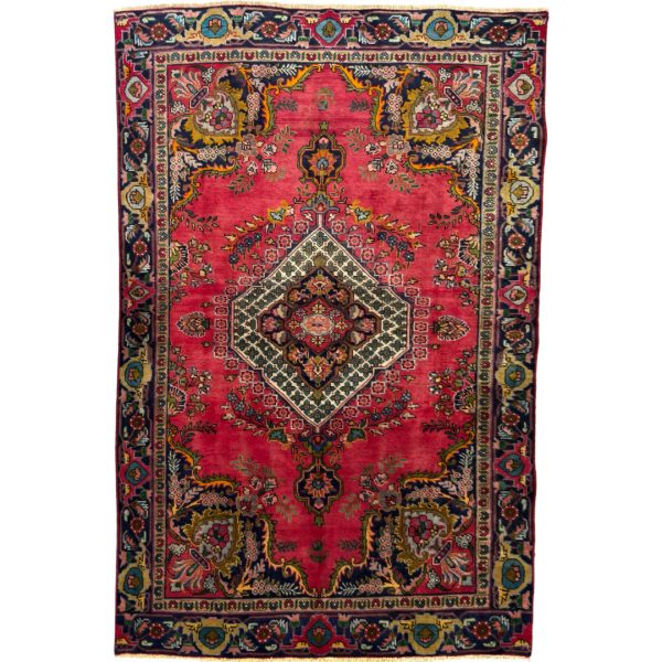 285 x 180cm Vintage Persian Sabzevar Mashad Rug – Bold Red Field with Tribal Medallion