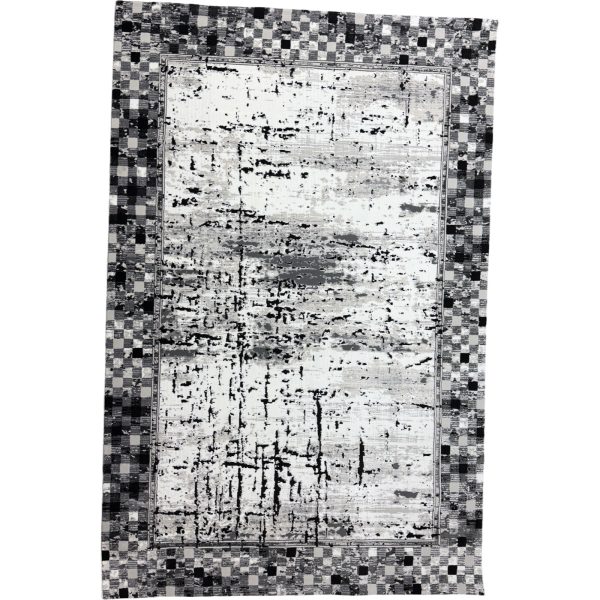 230 × 160cm Black Grey Check Border Abstract Distressed Rug
