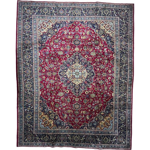390 x 305cm Hand Knotted Persian Mashad Rug – Red Medallion Design
